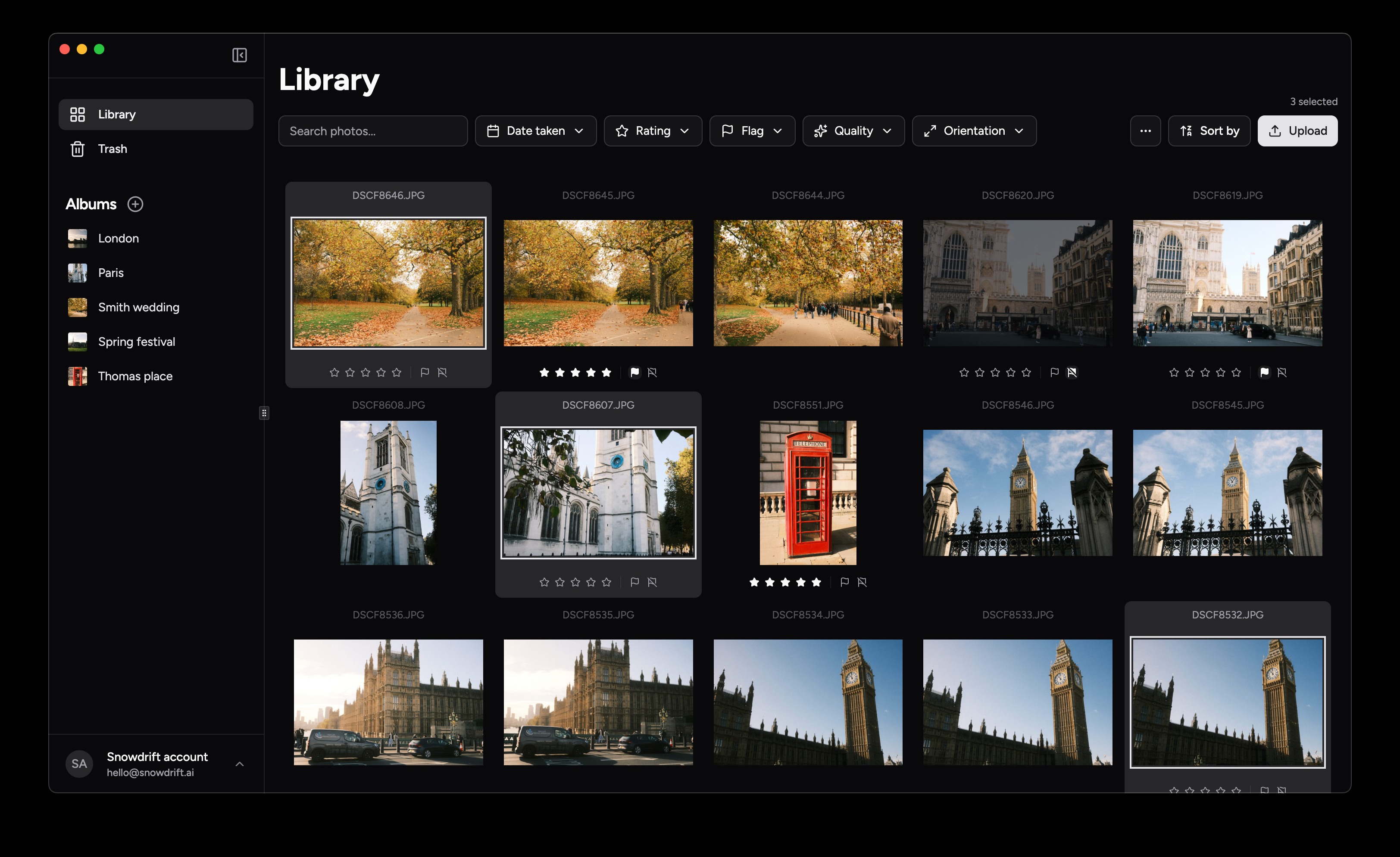 The Snowdrift library showing a grid of photos with search, filtering, albums, and rating tools
