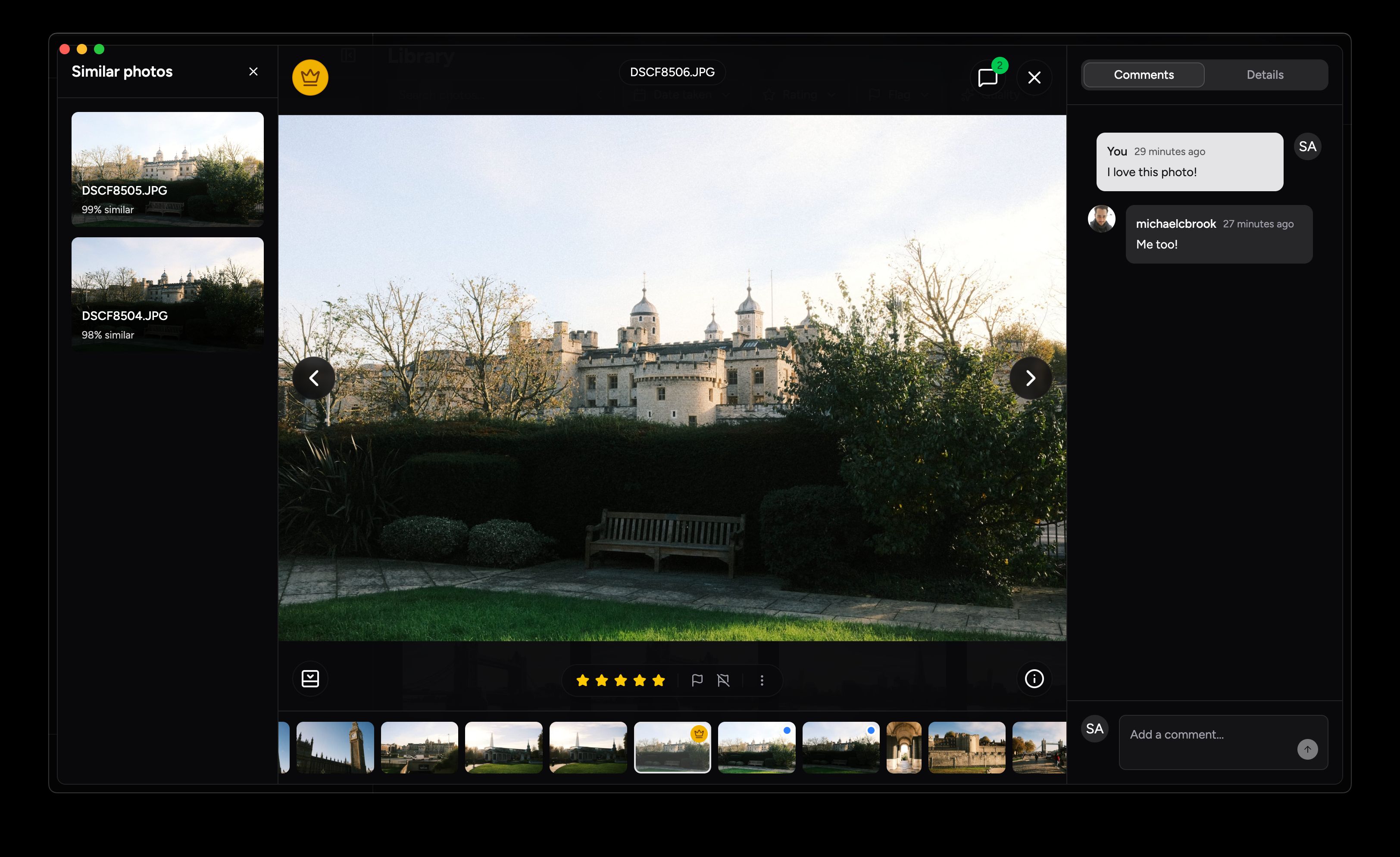 Snowdrift photo viewer showing similar photos with percentage match alongside the selected image