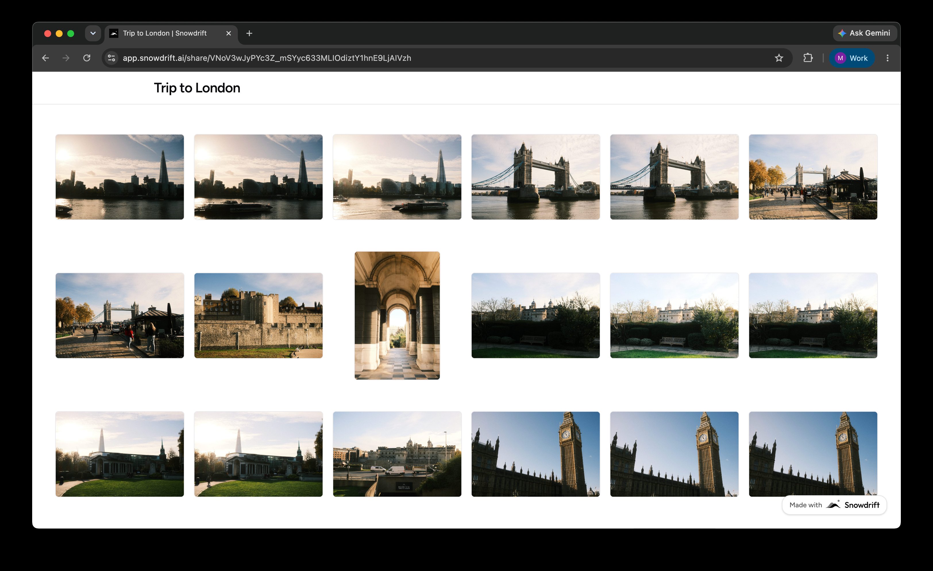 A shared 'Trip to London' album gallery delivered with a public Snowdrift share link